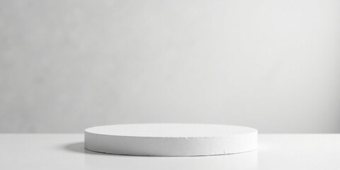 A simple white circular pedestal on a clean, bright surface against a muted backdrop, ideal for showcasing products or designs