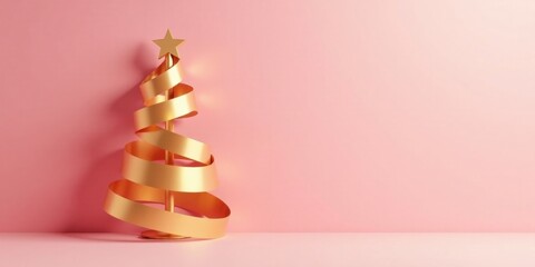 Elegant Gold Ribbon Christmas Tree on Pink Background for Festive Holiday Design