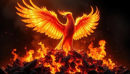 Fototapeta premium Fiery Phoenix Rising from Embers: A Digital Painting of Mythical Rebirth