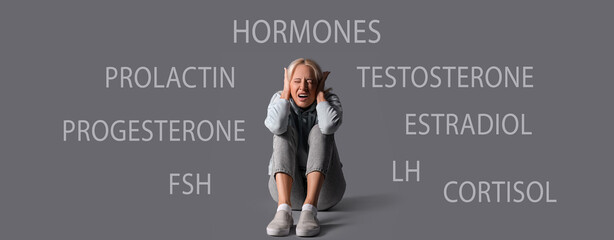 Mature woman having panic attack on grey background