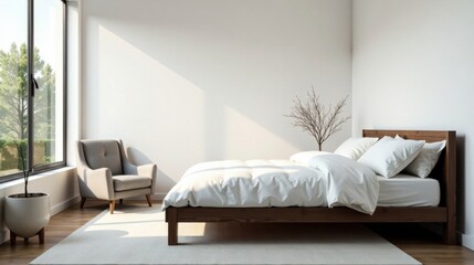 Serene Minimalist Bedroom Interior Design Featuring a Wooden Bed, Armchair, and Natural Light