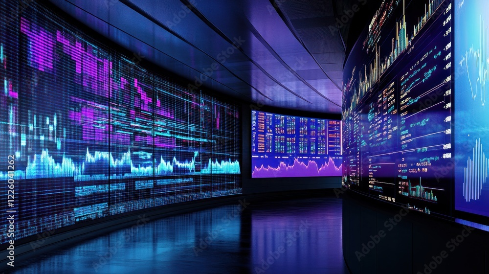 Poster large curved digital screens displaying financial data and graphs in a dark room with reflective flo