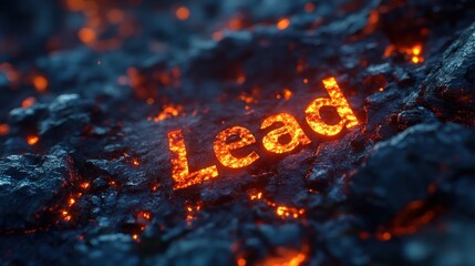 Molten word "Lead" embedded in fiery volcanic rock.