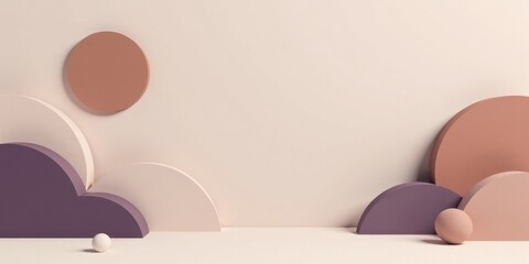 Fototapeta premium Abstract Minimalist Composition Featuring Pastel-Colored Geometric Shapes and Small Spheres on a Neutral Background