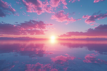 Stunning Neon Twilight Over Salar de Uyuni Vibrant Pink and Blue Reflections on Bolivia's Salt Lake Under a Breathtaking Sunset Sky