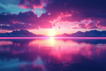 Fototapeta premium Stunning Neon Sunset Over Salar de Uyuni A Vibrant Pink and Blue Sky Reflected in the Tranquil Waters of Bolivia's Salt Flat.