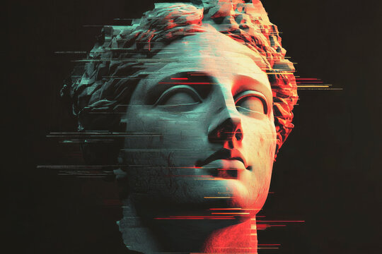 Glitched Vector Portrait RGB Halftone Circle Pattern of a 3D Rendered Classical Bust Against a Dark Background