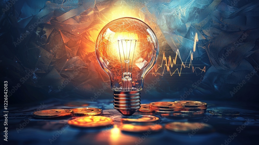 Poster illuminated lightbulb surrounded by gold coins with a sparkling background