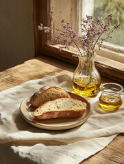 A rustic dining table set for one: handmade pottery plate with artisan bread, olive oil in a glass cruet, dried wildflowers in a vase, textured linen placemat -