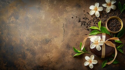 Elegant Chocolate Gift Box Surrounded by Fresh Green Leaves and Blooming White Flowers on a Rustic Bronze Background Highlighting Natural and Gourmet Elements