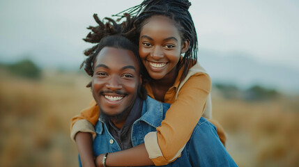 Obraz premium Young couple laughing together in a desert setting.