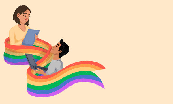 Digital connection between diverse people pride with rainbow theme