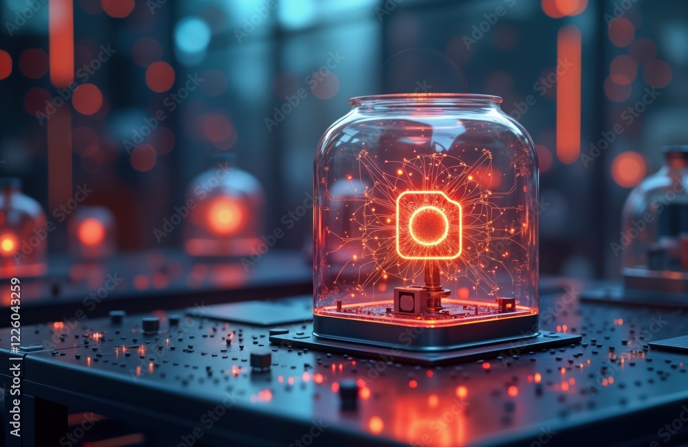 Poster Quantum computer tech showcased in futuristic lab. Generative AI concept inside glass jar. Advanced circuitry glows with red light. Sci-fi tech image for stock photo. Innovative computing future