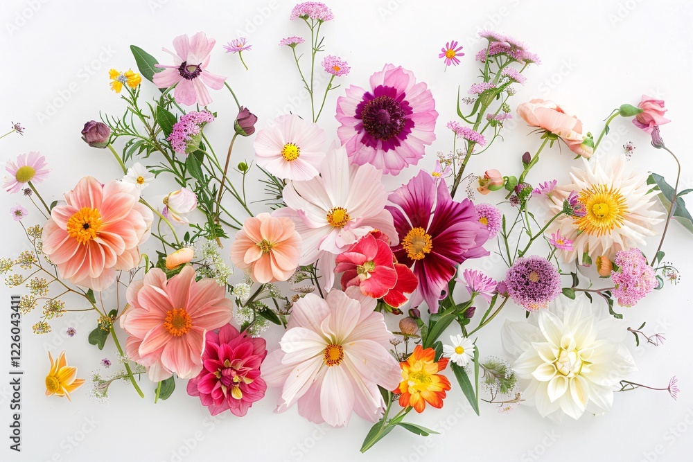 Poster Cheerful and bright composition is created with a carefully arranged vibrant array of flowers on a white backdrop