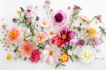 Cheerful and bright composition is created with a carefully arranged vibrant array of flowers on a white backdrop