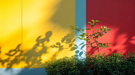 Sunlight casts shadows on colorful wall, small plant in front, landscaping design