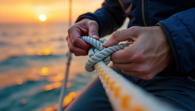 Close-up view of skillful hands tying knot on sailboat rope. Sunset colors fill background. Calm ocean water visible in soft focus. Boater works with precision. Peaceful maritime moment at evening.