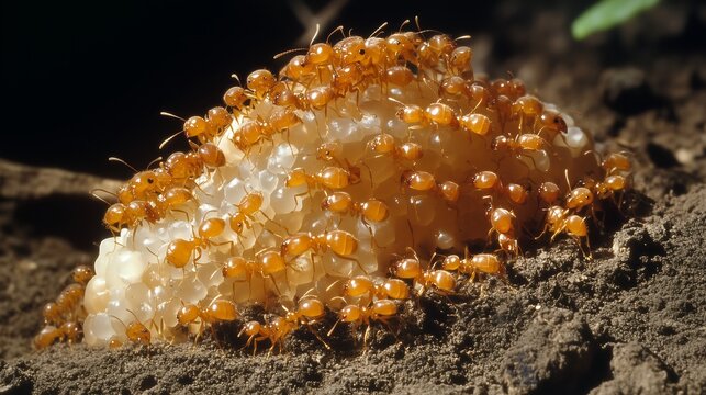 A colony of orange ants nurturing their larvae in a natural setting.