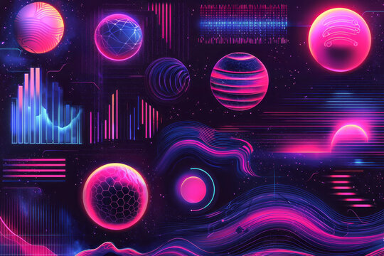 Trendy Retro-Futuristic Shapes Holographic Circles Abstract Glitch and Liquid Forms Inspired by 80s-90s Memphis Style for Merch and T-Shirts in Vaporwave Aesthetic