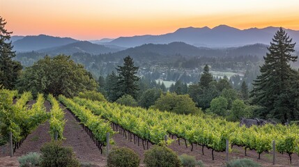 Fototapeta premium Vineyard Sunset Over Rolling Mountain Landscape