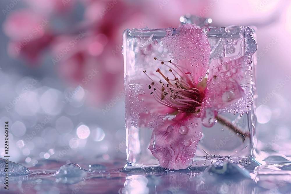 Poster melting ice cube with pink flower and water droplets on reflective surface