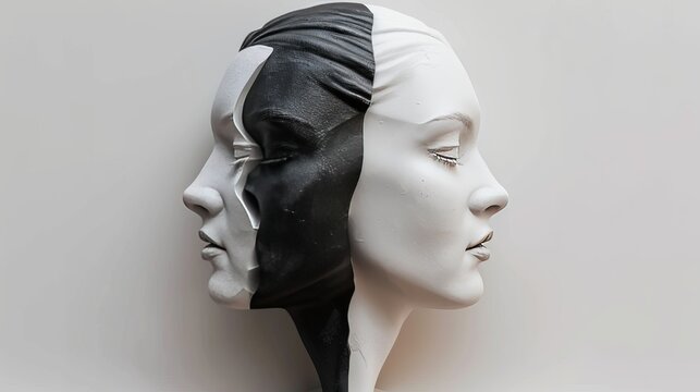 Dual-faced black and white sculpture blending male and female features, placed on a neutral background, symbolizing balance and duality - Powered by Adobe