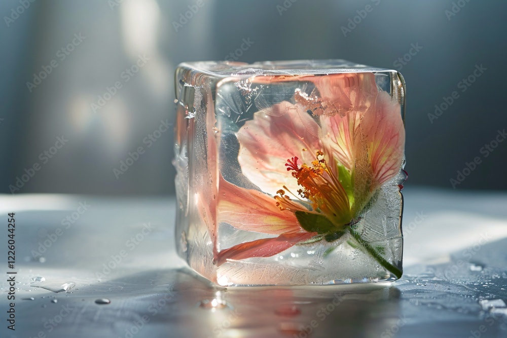 Poster pink flower encased in an ice cube is slowly melting on a shiny surface