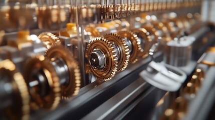 Close-up of intricate golden gears in a machinery setting, showcasing precision engineering and craftsmanship.