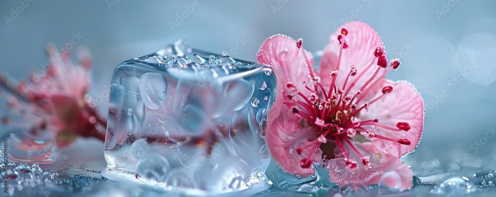 Poster Melting ice cube with water drops and a pink flower symbolizing spring and global warming