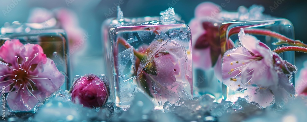 Poster macro detail of pink flowers frozen in ice cubes resting on crushed ice with shallow depth of field