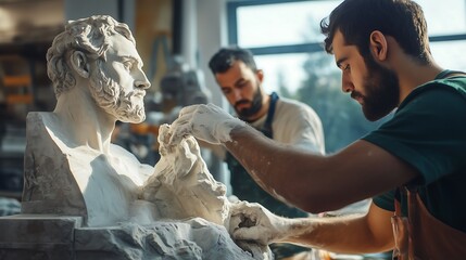 Two male artists, one focused on sculpting, in a sunlit studio with a marble bust.