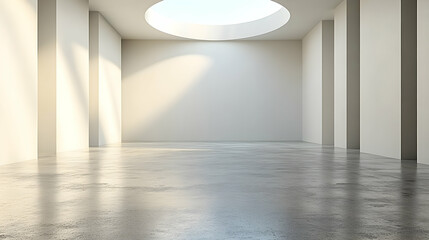 Sunlit minimalist gallery interior, empty space, concrete floor, architectural design,  website background