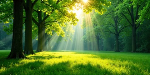 Obraz premium Serene Sunbeams Illuminating a Lush Green Meadow Surrounded by Majestic Trees in a Tranquil Forest