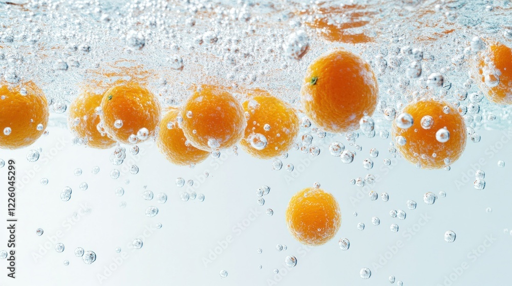 Poster tangerines floating in bubbly water creating a refreshing and vibrant image