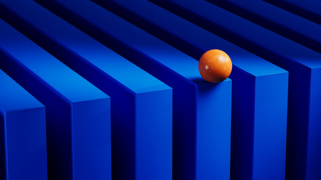 Orange sphere resting on blue geometric shapes.