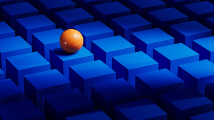 Orange sphere rests on blue geometric shapes in 3D.