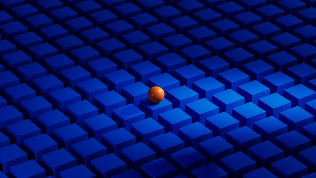 Orange sphere contrasts with blue geometric shapes.