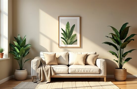 Stylish living room design with beige stucco walls, comfortable white sofa. Natural light, tropical plants create relaxing ambiance. Neutral color palette, simple decor evoke tranquil, minimalist