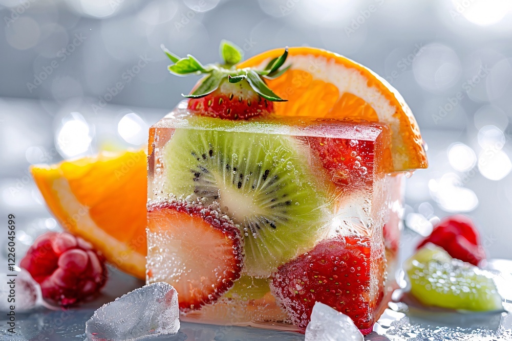 Poster close-up of melting ice cube with fresh fruit and ice cubes on a table