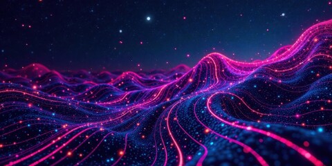 Abstract glowing lines forming undulating hills of vibrant pink and blue hues against a dark background