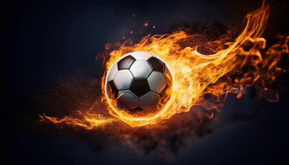 Fototapeta premium A burning soccer ball engulfed in dramatic orange flames appears to soar through a dark background.