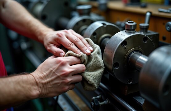 Man meticulously cleans metal parts of lathe engine. Uses rag to wipe grease, oil. Industrial maintenance takes place in machine shop. Focused attention on precise repair tasks. Pro mechanic expertly - Powered by Adobe