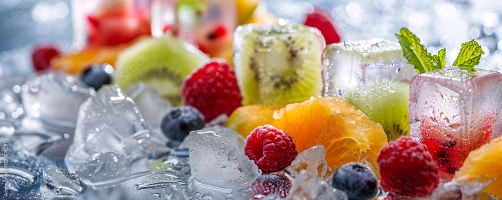Poster assorted kiwi fruit, oranges, raspberries, and blueberries on ice cubes, creating a refreshing backd