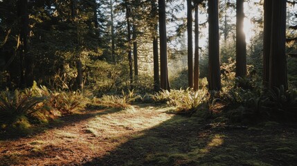 Obraz premium Sunlight Illuminates Mossy Forest Floor Through Tall Trees