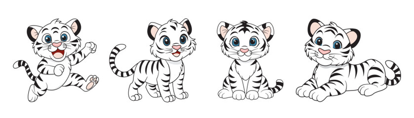 A set of hand-drawn cute white tiger cubs. Albino tigers in different poses isolated on a white background.