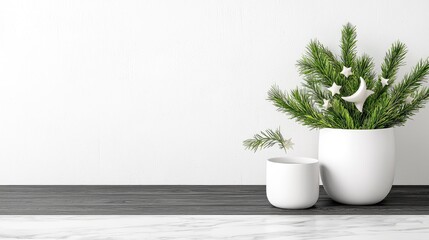 Winter scene Potted pine branches, stars, moon, white pots, dark wood, marble, minimalist decor, holiday card