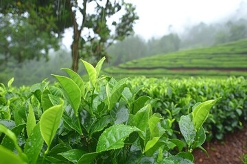 Fresh Green Tea Leaves in Rainy Weather on a Scenic Tea Estate with Lush Green Hills and Misty Mountains in the Background, Natural Beauty and Serenity of Nature