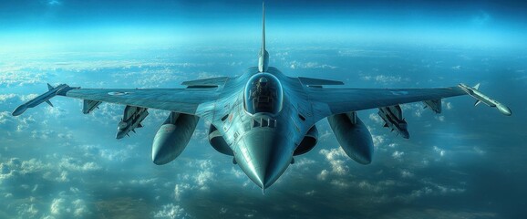 Fototapeta premium Grey Fighter Jet Soaring Above Blue Sky and Clouds