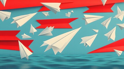 Fototapeta premium Abstract Paper Airplanes Flying Over Ocean Red Banners