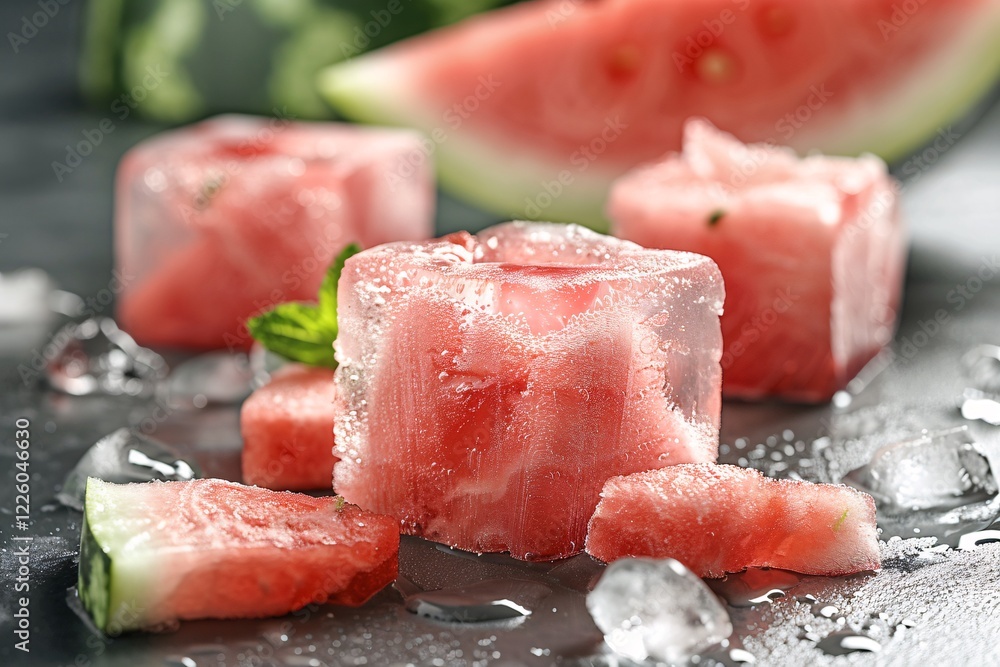 Poster watermelon slices and frozen cubes with ice and mint on a wet slate